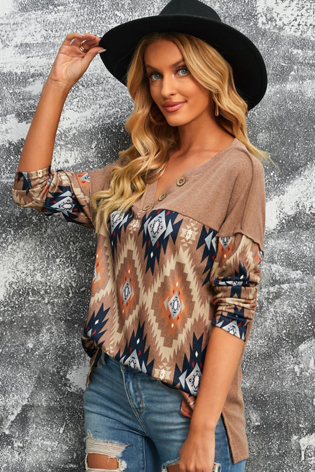 Rustic V-Neck Button-Up Western Blouse