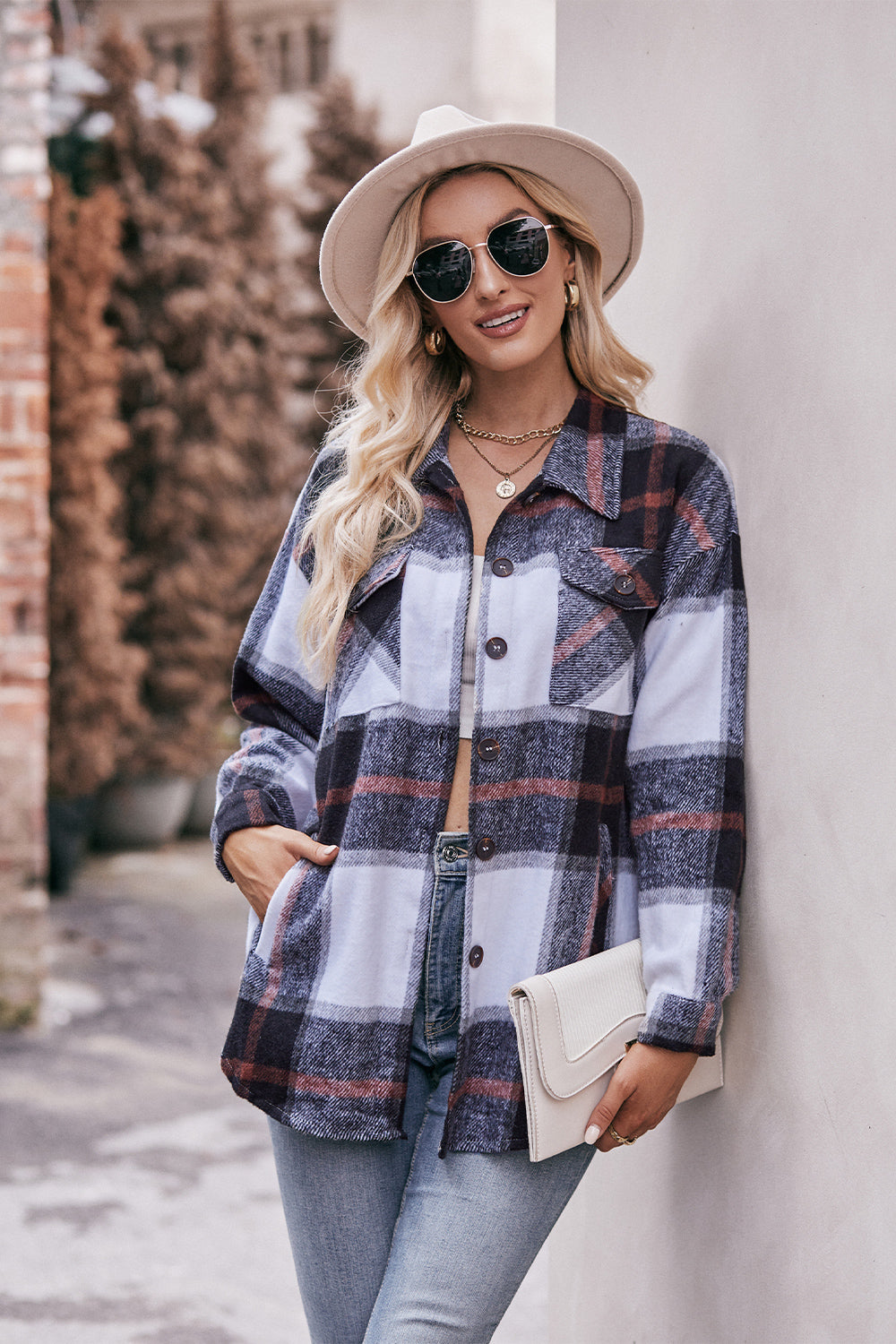 Plaid Long Sleeve Shirt Jacket with Pockets