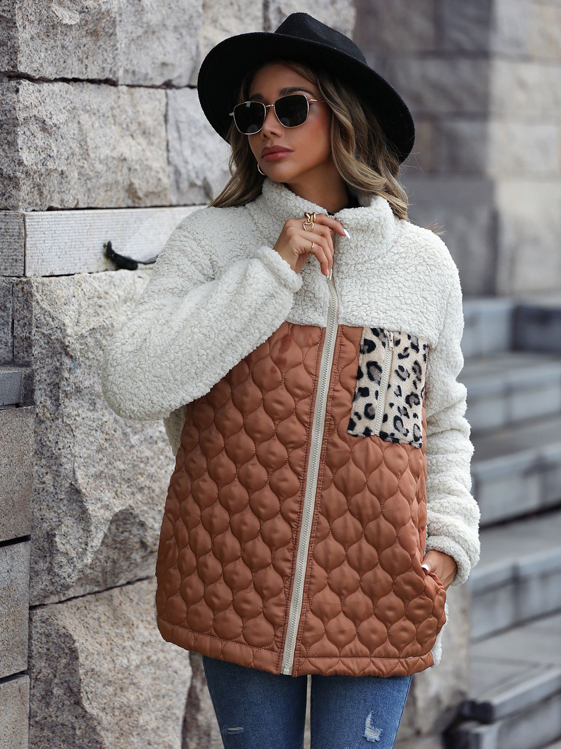 Leopard Color Block Zip-Up Jacket