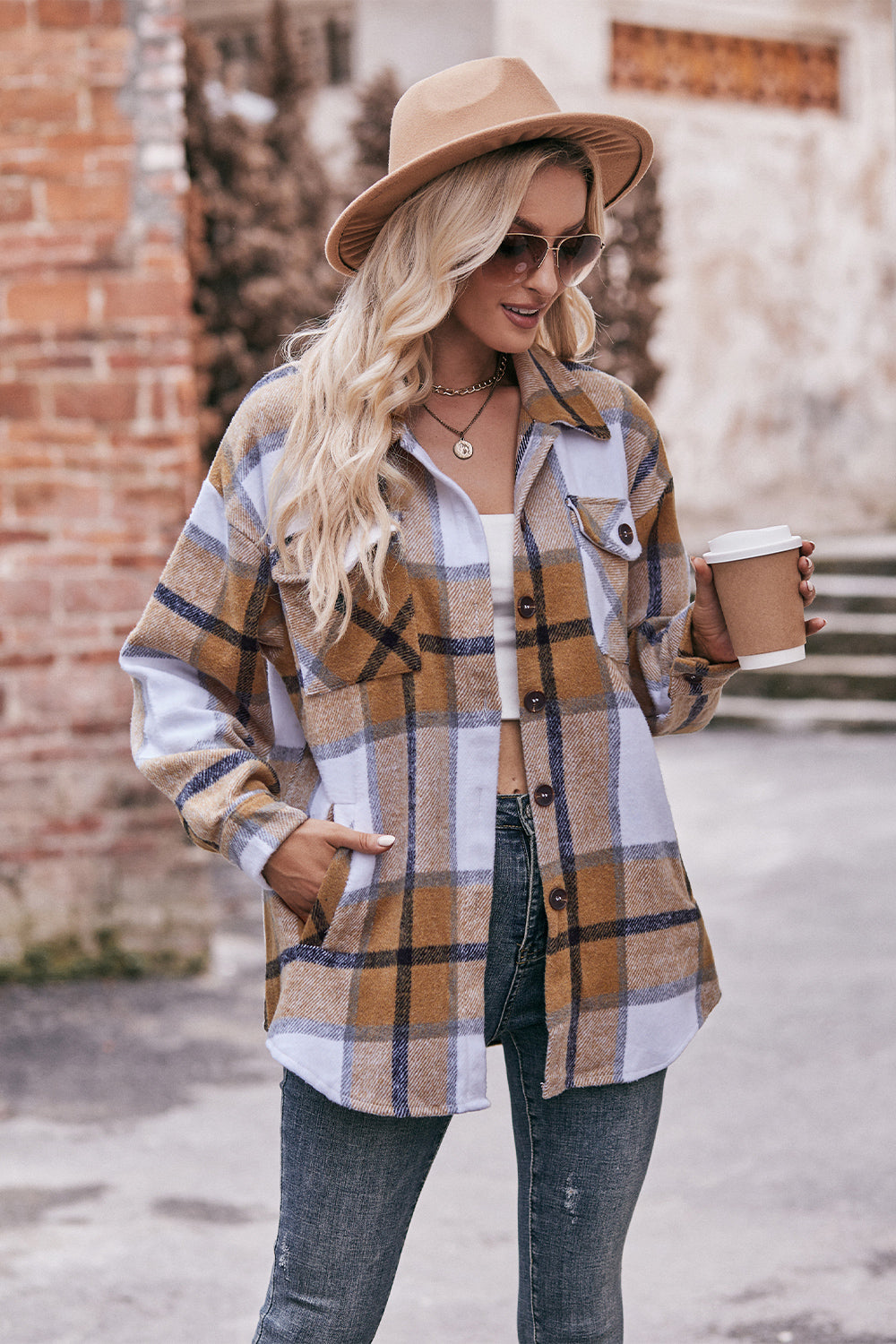 Plaid Long Sleeve Shirt Jacket with Pockets