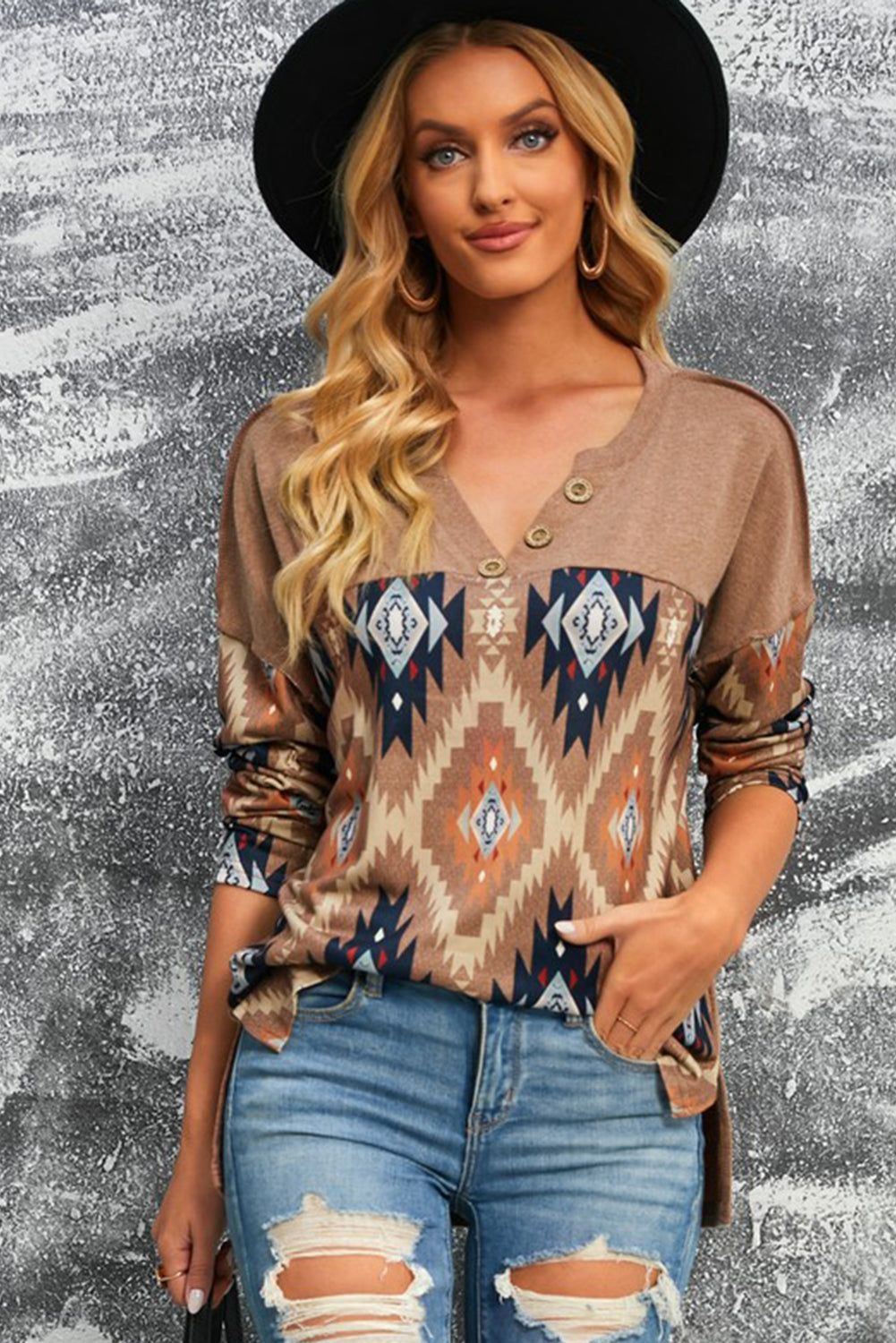 Rustic V-Neck Button-Up Western Blouse