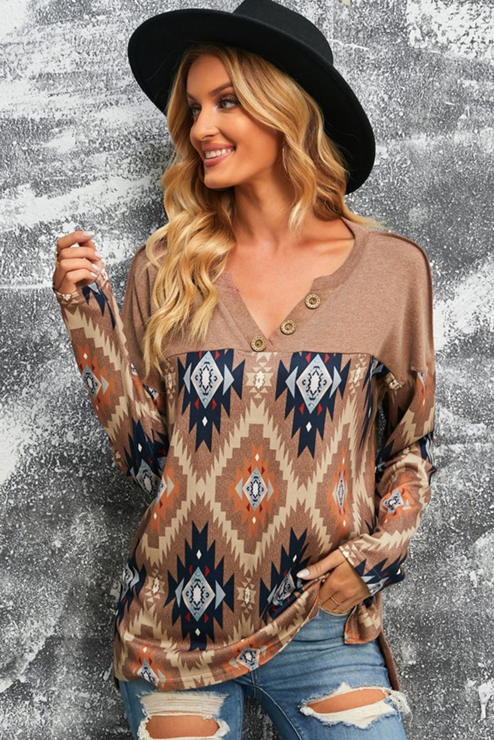 Rustic V-Neck Button-Up Western Blouse